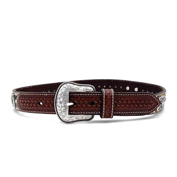 Nocona Brown Tooled Leather Belt Hair-On Cowhide Rhinestone Boho Western Size 28 main image 7